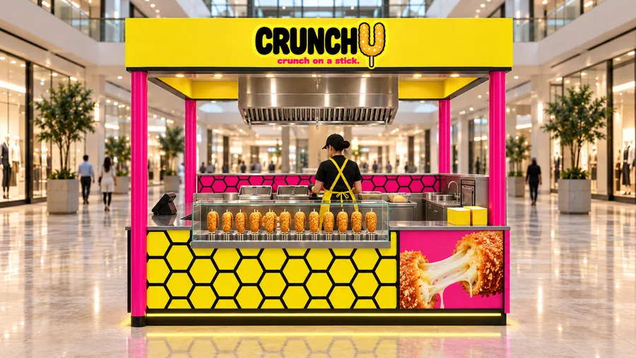 CRUNCHU crowned island kiosk — front view, Korean-style corn dogs (AI-assisted 3D visualisation)