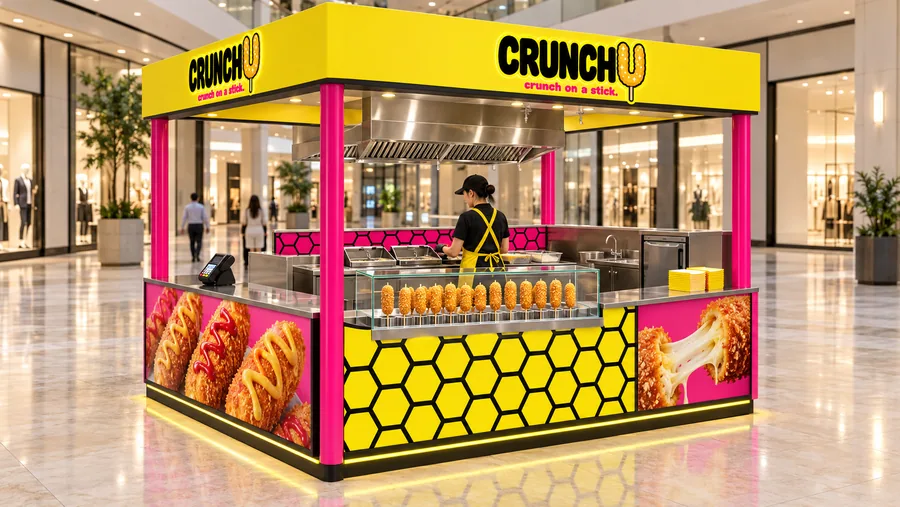 CRUNCHU crowned island kiosk — left three-quarter view, Korean-style corn dogs (AI-assisted 3D visualisation)