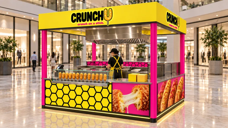CRUNCHU crowned island kiosk — right three-quarter view, Korean-style corn dogs (AI-assisted 3D visualisation)