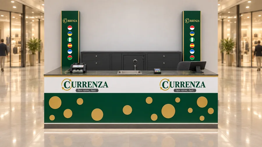 CURRENZA counter-type kiosk in front of a wall — front view, currency exchange and international money transfer (AI-assisted 3D visualisation)