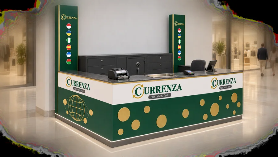 CURRENZA counter-type kiosk in front of a wall — left three-quarter view, currency exchange and international money transfer (AI-assisted 3D visualisation)