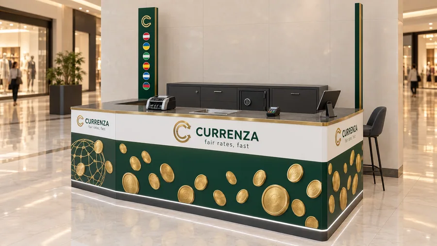 CURRENZA counter-type kiosk in front of a wall — right three-quarter view, currency exchange and international money transfer (AI-assisted 3D visualisation)