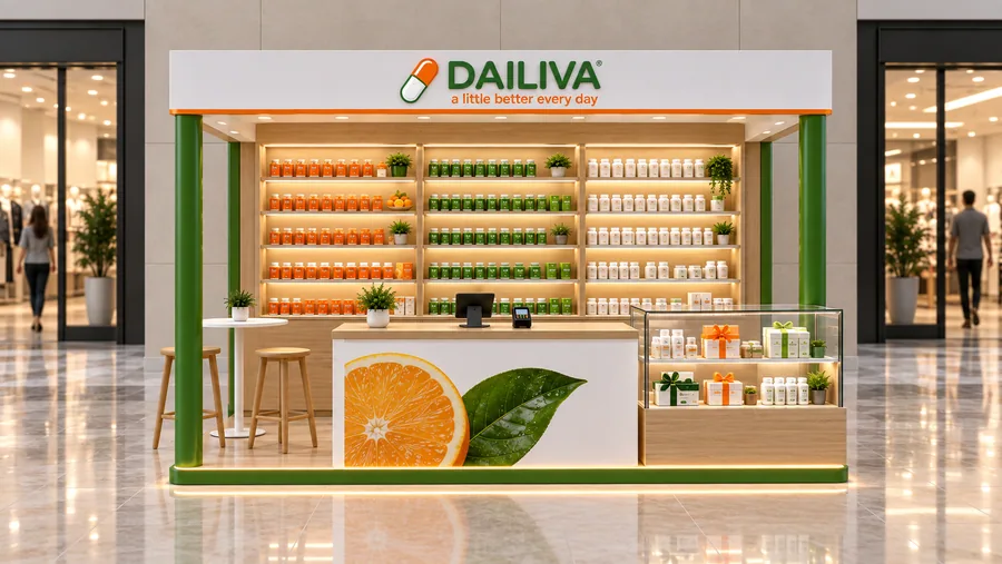 DAILIVA crowned kiosk in front of a wall — front view, vitamins and supplements (AI-assisted 3D visualisation)