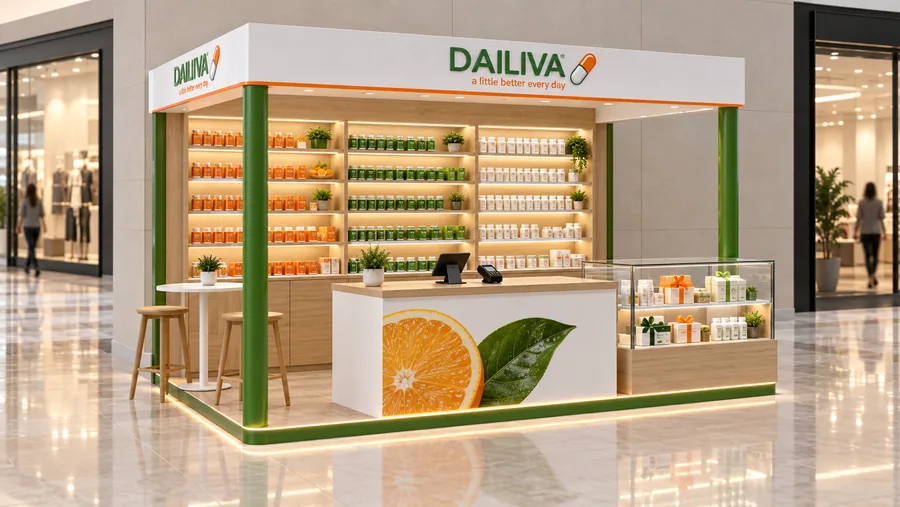 DAILIVA crowned kiosk in front of a wall — left three-quarter view, vitamins and supplements (AI-assisted 3D visualisation)