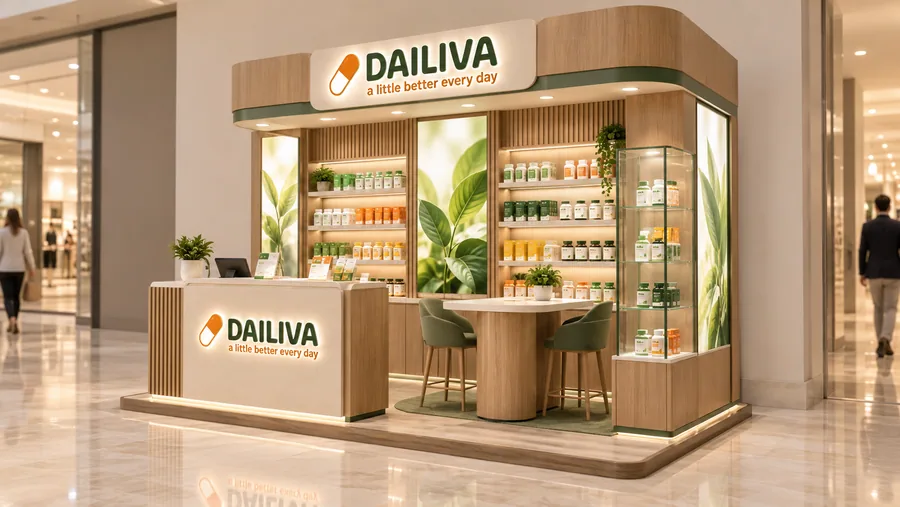 DAILIVA crowned kiosk in front of a wall — right three-quarter view, vitamins and supplements (AI-assisted 3D visualisation)