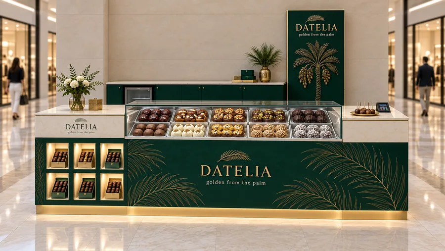 DATELIA counter-type kiosk in front of a wall — front view, premium dates (AI-assisted 3D visualisation)