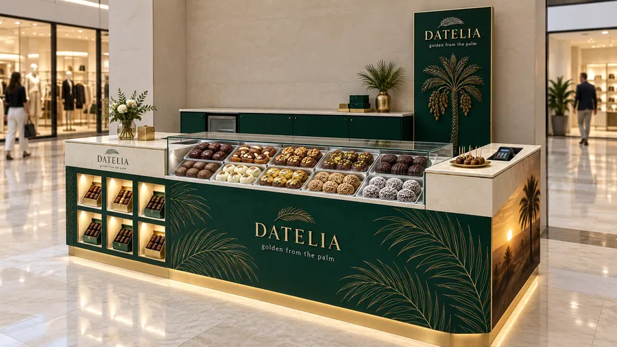 DATELIA counter-type kiosk in front of a wall — left three-quarter view, premium dates (AI-assisted 3D visualisation)