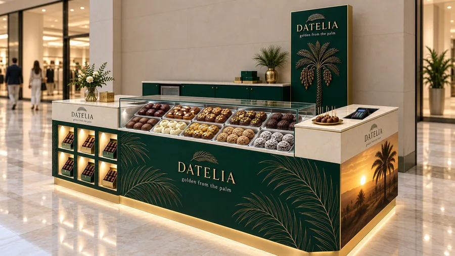 DATELIA counter-type kiosk in front of a wall — right three-quarter view, premium dates (AI-assisted 3D visualisation)