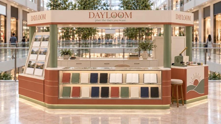 DAYLOOM crowned kiosk in front of a balcony — front view, yearly planners (AI-assisted 3D visualisation)
