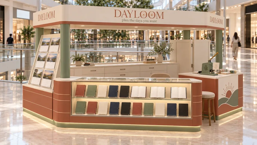 DAYLOOM crowned kiosk in front of a balcony — left three-quarter view, yearly planners (AI-assisted 3D visualisation)