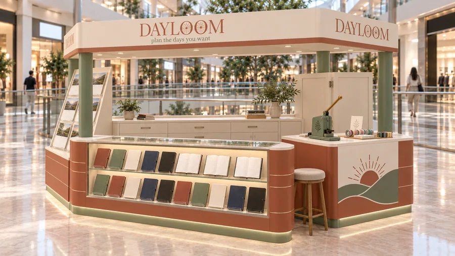 DAYLOOM crowned kiosk in front of a balcony — right three-quarter view, yearly planners (AI-assisted 3D visualisation)