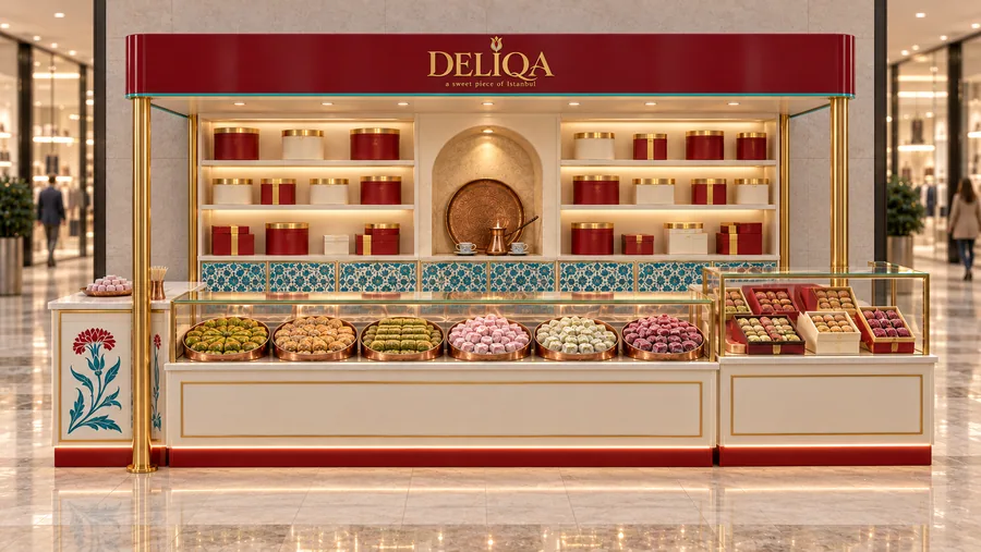 DELIQA crowned kiosk in front of a wall — front view, Turkish delight (AI-assisted 3D visualisation)