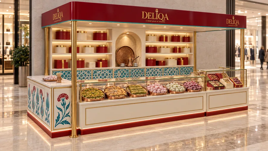 DELIQA crowned kiosk in front of a wall — left three-quarter view, Turkish delight (AI-assisted 3D visualisation)