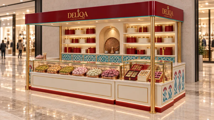 DELIQA crowned kiosk in front of a wall — right three-quarter view, Turkish delight (AI-assisted 3D visualisation)