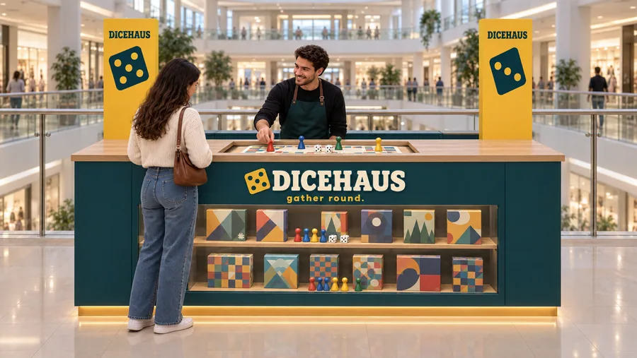 DICEHAUS counter-type kiosk in front of a balcony — front view, family board games (AI-assisted 3D visualisation)