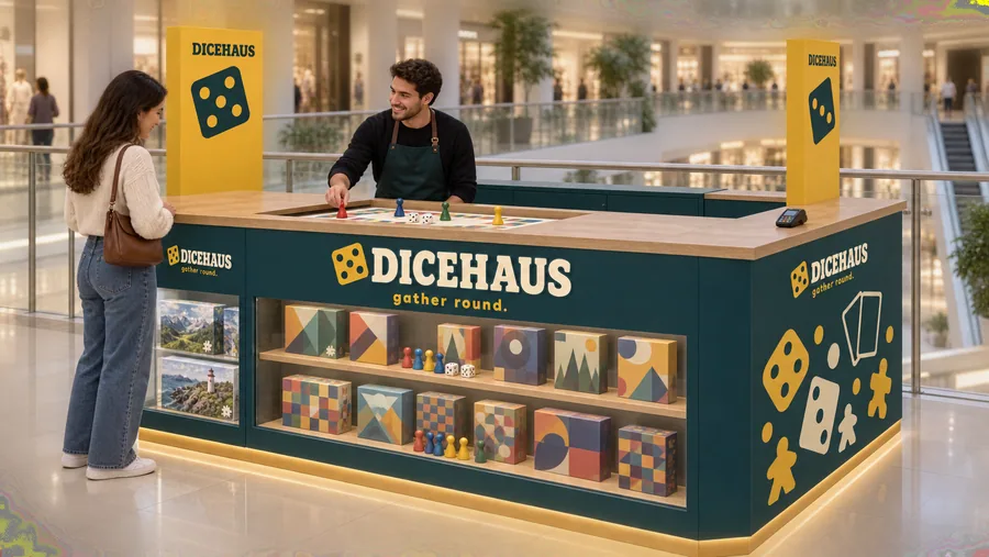 DICEHAUS counter-type kiosk in front of a balcony — left three-quarter view, family board games (AI-assisted 3D visualisation)