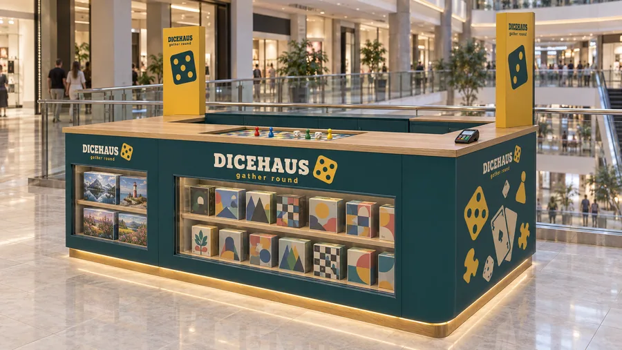 DICEHAUS counter-type kiosk in front of a balcony — right three-quarter view, family board games (AI-assisted 3D visualisation)
