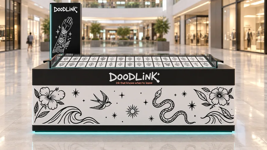 DOODLINK counter-type island kiosk — front view, temporary tattoos (AI-assisted 3D visualisation)