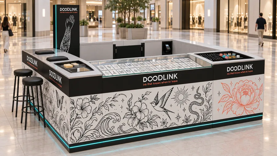 DOODLINK counter-type island kiosk — left three-quarter view, temporary tattoos (AI-assisted 3D visualisation)