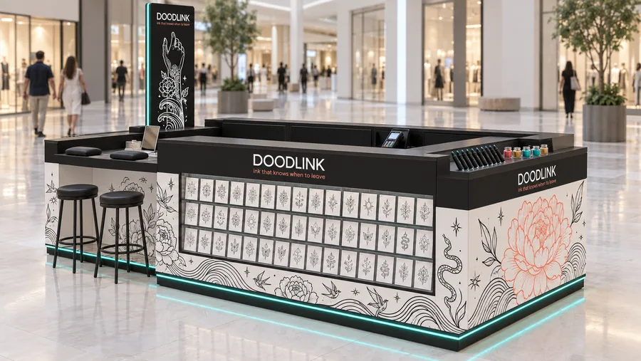 DOODLINK counter-type island kiosk — right three-quarter view, temporary tattoos (AI-assisted 3D visualisation)
