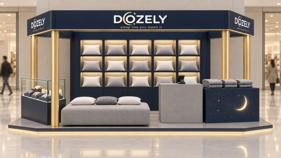 DOZELY crowned kiosk in front of a wall — front view, sleep products (AI-assisted 3D visualisation)