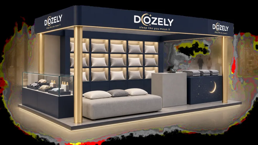 DOZELY crowned kiosk in front of a wall — left three-quarter view, sleep products (AI-assisted 3D visualisation)