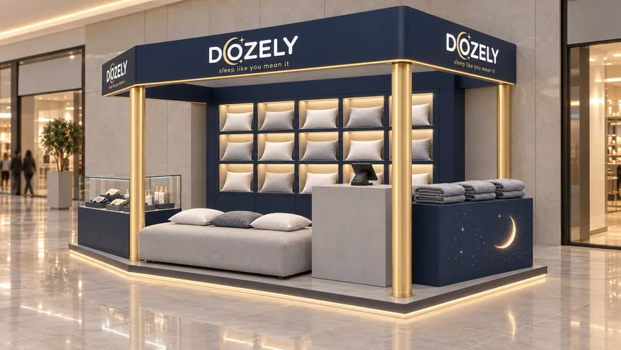 DOZELY crowned kiosk in front of a wall — right three-quarter view, sleep products (AI-assisted 3D visualisation)