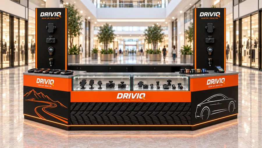 DRIVIQ counter-type island kiosk — front view, car accessories (AI-assisted 3D visualisation)
