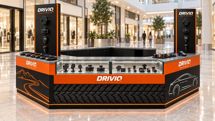 DRIVIQ counter-type island kiosk — left three-quarter view, car accessories (AI-assisted 3D visualisation)