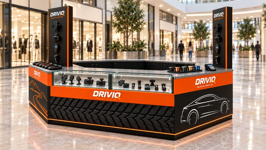 DRIVIQ counter-type island kiosk — right three-quarter view, car accessories (AI-assisted 3D visualisation)