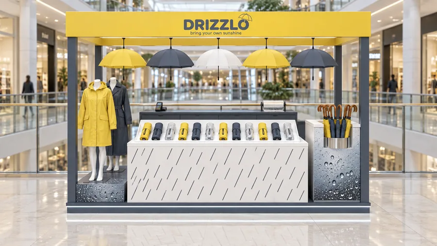 DRIZZLO crowned kiosk in front of a balcony — front view, umbrellas (compact and stick) (AI-assisted 3D visualisation)