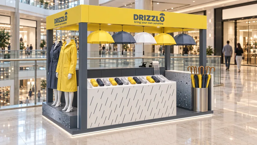 DRIZZLO crowned kiosk in front of a balcony — left three-quarter view, umbrellas (compact and stick) (AI-assisted 3D visualisation)
