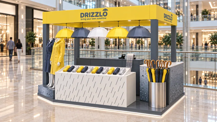 DRIZZLO crowned kiosk in front of a balcony — right three-quarter view, umbrellas (compact and stick) (AI-assisted 3D visualisation)