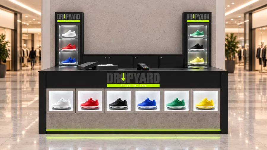 DROPYARD counter-type kiosk in front of a wall — front view, limited-release and collectible sneakers (AI-assisted 3D visualisation)