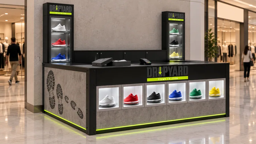 DROPYARD counter-type kiosk in front of a wall — left three-quarter view, limited-release and collectible sneakers (AI-assisted 3D visualisation)