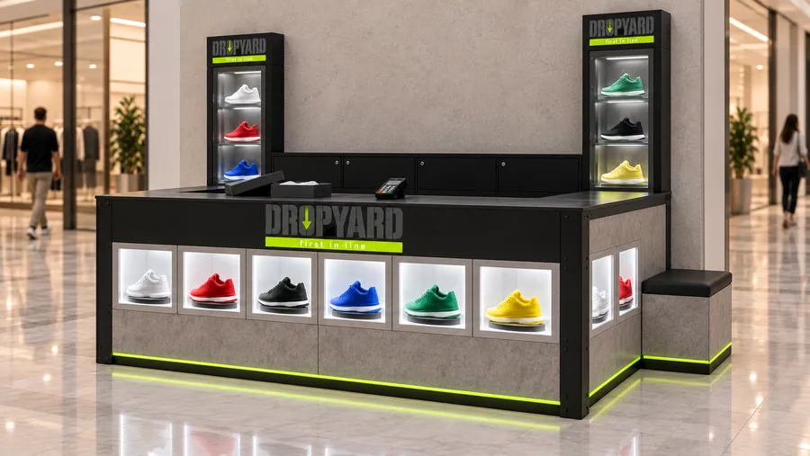 DROPYARD counter-type kiosk in front of a wall — right three-quarter view, limited-release and collectible sneakers (AI-assisted 3D visualisation)