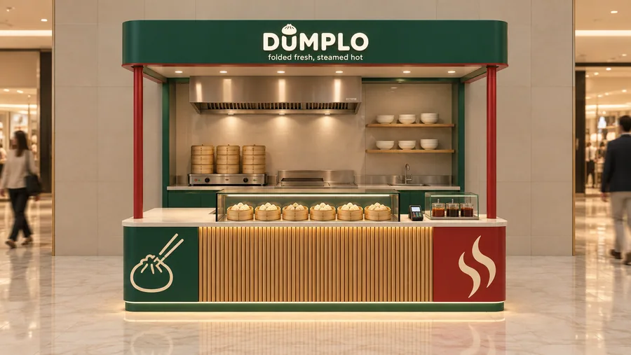 DUMPLO crowned kiosk in front of a wall — front view, steamed and pan-fried dumplings with dipping sauces (AI-assisted 3D visualisation)