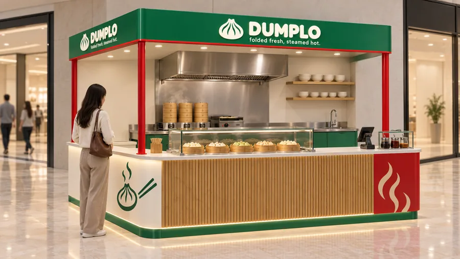 DUMPLO crowned kiosk in front of a wall — left three-quarter view, steamed and pan-fried dumplings with dipping sauces (AI-assisted 3D visualisation)
