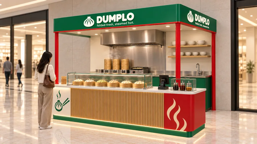 DUMPLO crowned kiosk in front of a wall — right three-quarter view, steamed and pan-fried dumplings with dipping sauces (AI-assisted 3D visualisation)