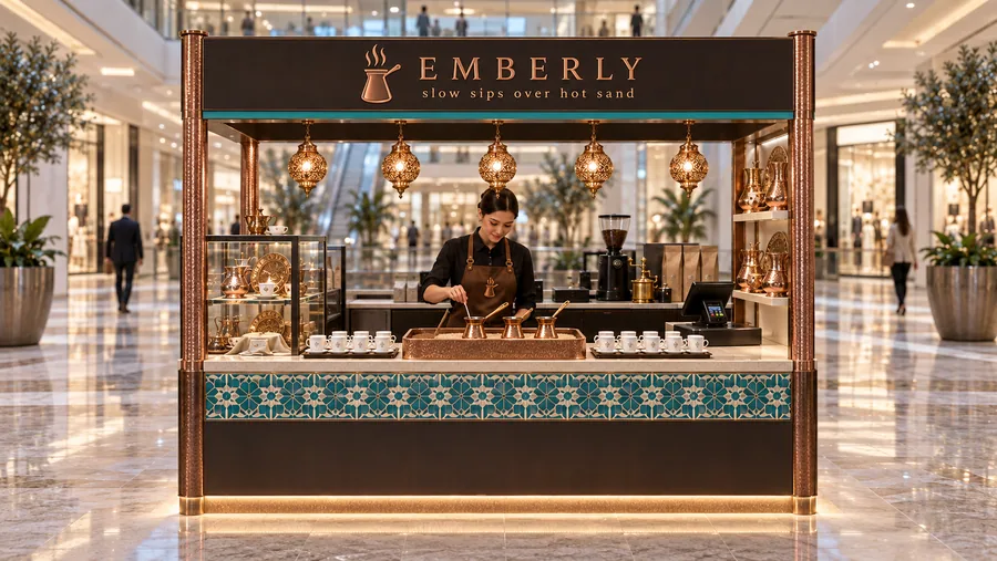 EMBERLY crowned island kiosk — front view, Turkish coffee brewed in hot sand (AI-assisted 3D visualisation)