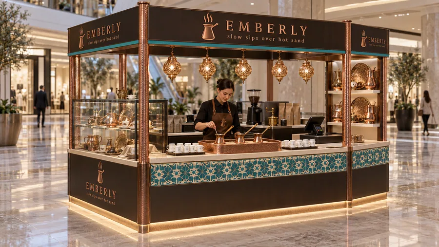 EMBERLY crowned island kiosk — left three-quarter view, Turkish coffee brewed in hot sand (AI-assisted 3D visualisation)