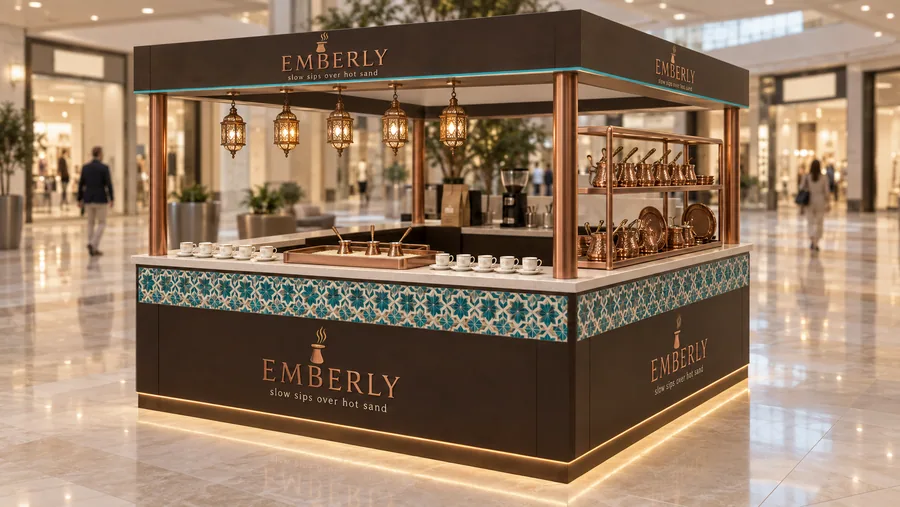 EMBERLY crowned island kiosk — right three-quarter view, Turkish coffee brewed in hot sand (AI-assisted 3D visualisation)