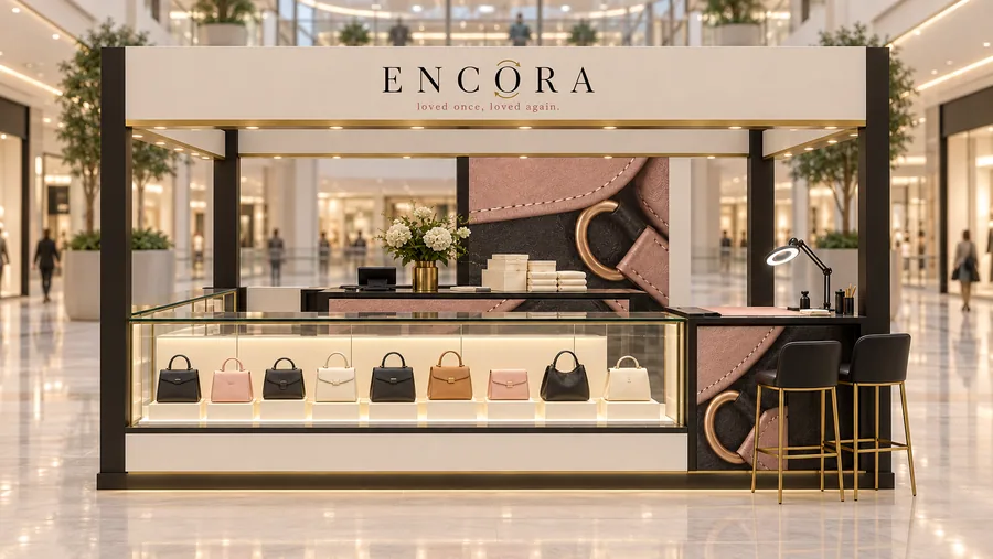ENCORA crowned island kiosk — front view, authenticated pre-owned designer handbags (AI-assisted 3D visualisation)