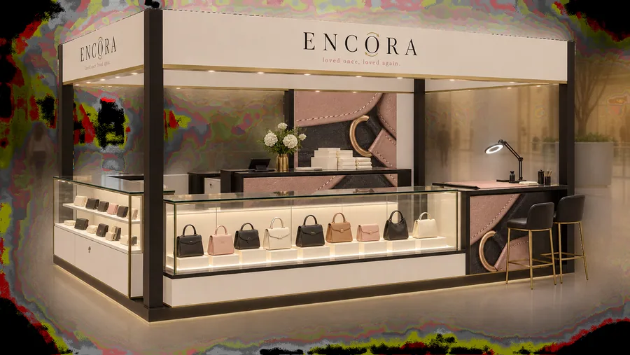 ENCORA crowned island kiosk — left three-quarter view, authenticated pre-owned designer handbags (AI-assisted 3D visualisation)