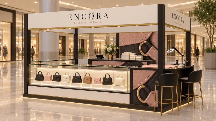 ENCORA crowned island kiosk — right three-quarter view, authenticated pre-owned designer handbags (AI-assisted 3D visualisation)