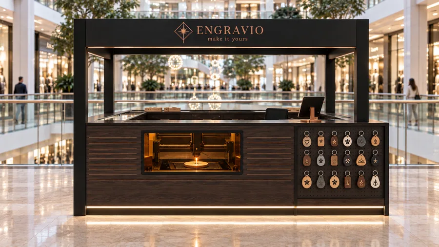ENGRAVIO crowned kiosk in front of a balcony — front view, laser engraving on keychains (AI-assisted 3D visualisation)