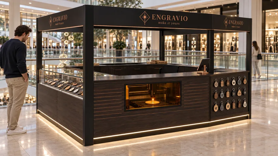 ENGRAVIO crowned kiosk in front of a balcony — left three-quarter view, laser engraving on keychains (AI-assisted 3D visualisation)