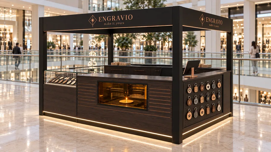 ENGRAVIO crowned kiosk in front of a balcony — right three-quarter view, laser engraving on keychains (AI-assisted 3D visualisation)