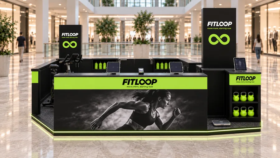 FITLOOP counter-type island kiosk — front view, gym and fitness club promotion (AI-assisted 3D visualisation)
