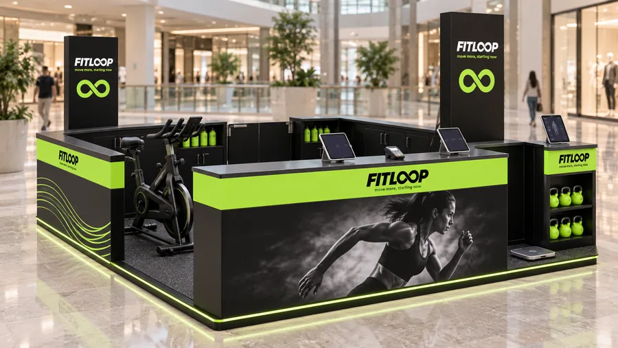 FITLOOP counter-type island kiosk — left three-quarter view, gym and fitness club promotion (AI-assisted 3D visualisation)